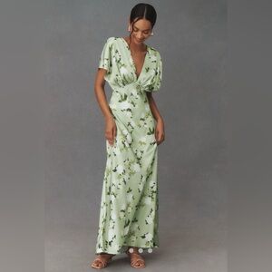 BHLDN Leila Floral V-Neck Flutter Sleeve Satin A Line Dress, Meadow Mist — 4